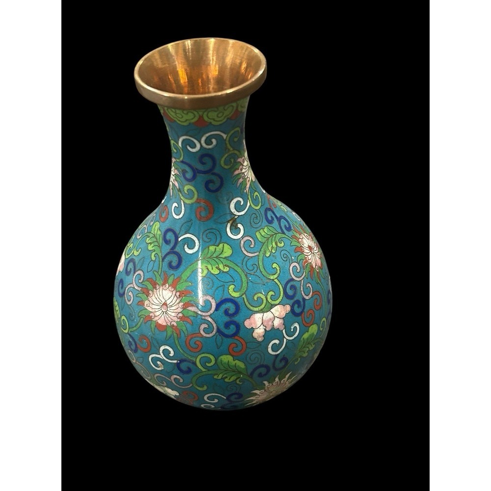 Vintage Chinese Cloisonné Vase 8" Blue Flowers Brass Enamel Design - Picture 3 of 10